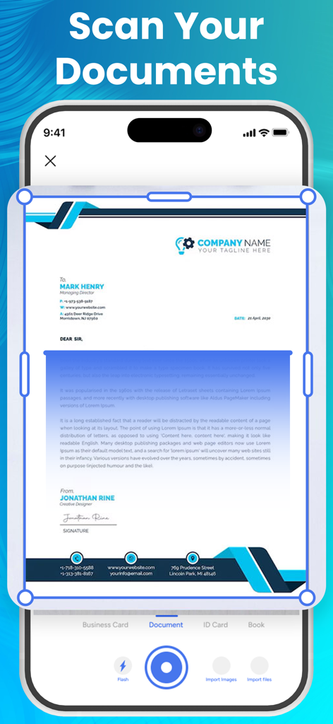 Pantalla de smartphone mostrando la función de escaneo de documentos de la aplicación Smart Printer