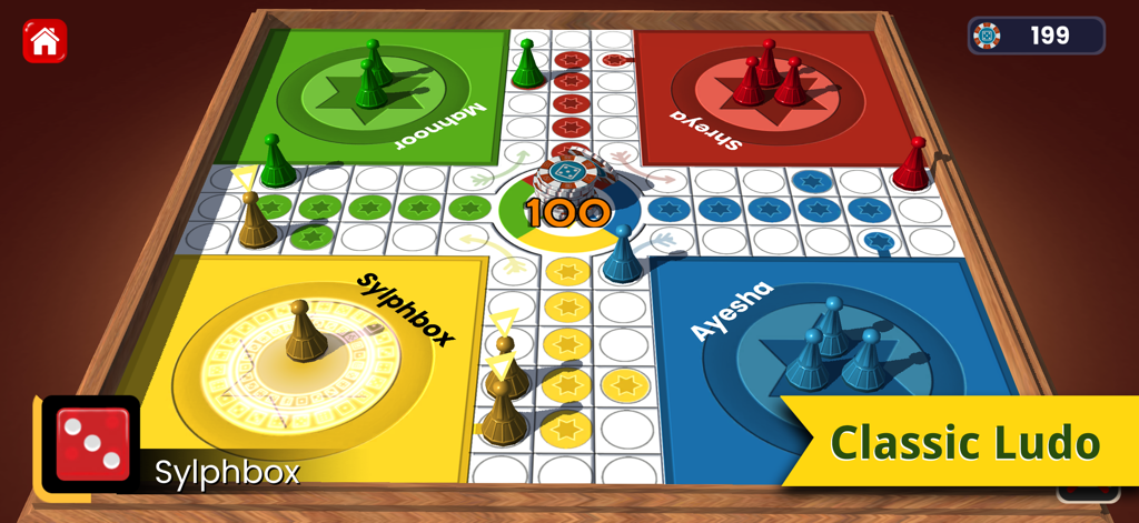 Ultimate Ludo 3D & Dice Board - A 3D perspective view of a digital Ludo board with colored pieces and a dice roll