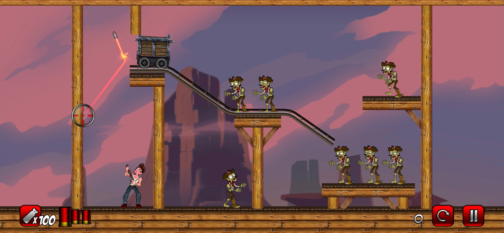 Stupid Zombies® 2 - A character in Stupid Zombies 2 aiming a ricochet shot trajectory at multiple zombie enemies in a level.