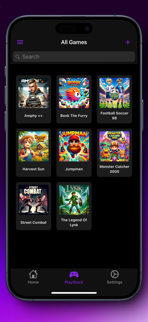 AD Boy: All-in-One-Emulator - AD Boy app interface showing a sleek grid-view library of classic games in the PlayStack launcher