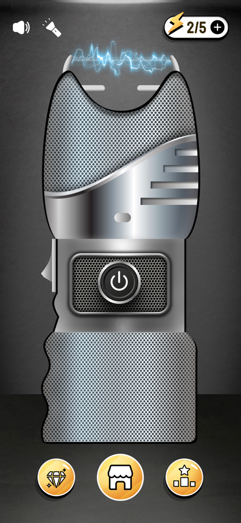 Prank Shock Friends - Interface of a stun gun simulator app showing a metallic taser with blue electric sparks and a central power button