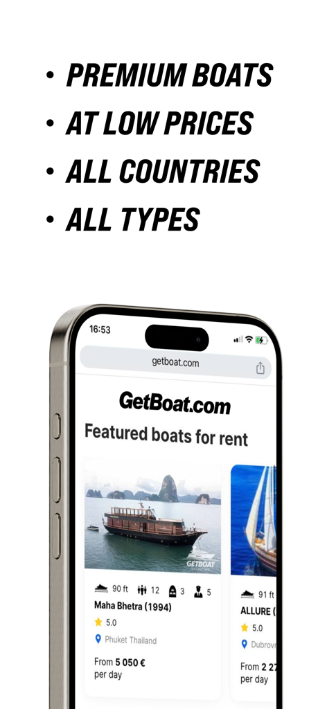 GetBoat.com - Boat Rental - Smartphone screen showing luxury boat rentals on the GetBoat website with featured yachts.