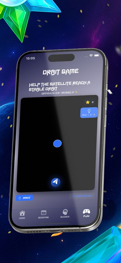 Un écran mobile montrant le jeu d'orbite dans l'application WinStar Universe où les joueurs guident un satellite vers une orbite stable