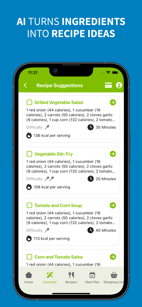 AI-Chef mobile app interface displaying AI-generated recipe suggestions with calorie counts and cooking times for healthy meals.