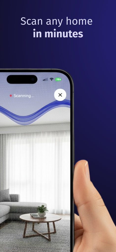 Roomio: floor plan creator - プロフェッショナルな間取り図のためにリビングルームをスキャンするRoomioアプリを示すiPhoneインターフェース