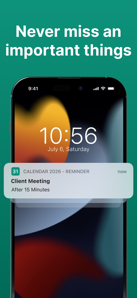 iPhone lock screen displaying a client meeting notification reminder from the Calendar 2026 app