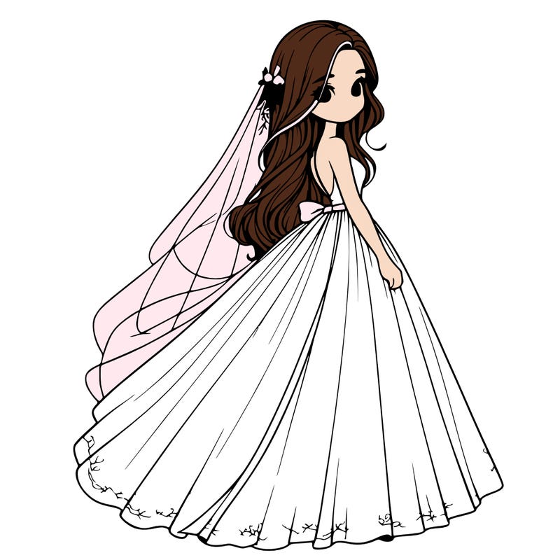 realistic girl in flowing wedding dress