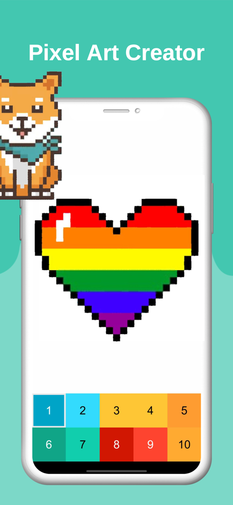 Sprite : Pixel Art Creator - Pantalla de smartphone que muestra un corazón de arcoíris en la aplicación Sprite Pixel Art Creator