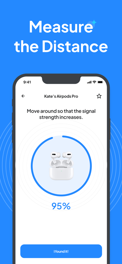 Find My Lost Device & Track - Interfaz de una aplicación móvil que muestra un indicador de 95 por ciento de intensidad de señal para localizar AirPods Pro perdidos