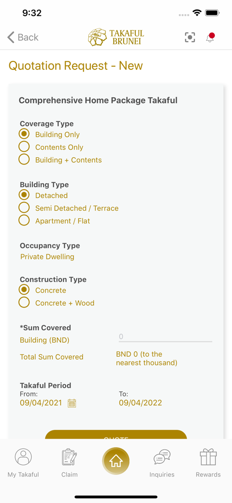 Takaful Brunei - Takaful Brunei mobile app quotation request screen for a comprehensive home insurance package with property details
