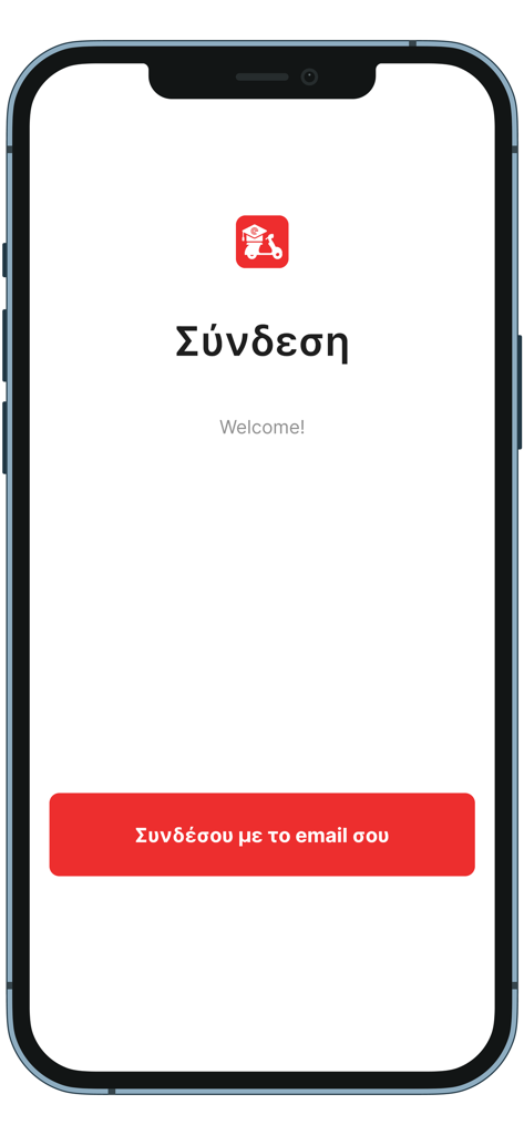 efood riders Academy - Tela de login para o aplicativo móvel efood riders Academy com uma mensagem de boas-vindas e um botão de login com e-mail.