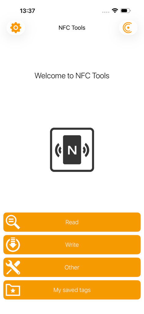 The main menu of the NFC Tools app showing buttons for Read, Write, and Other functions.