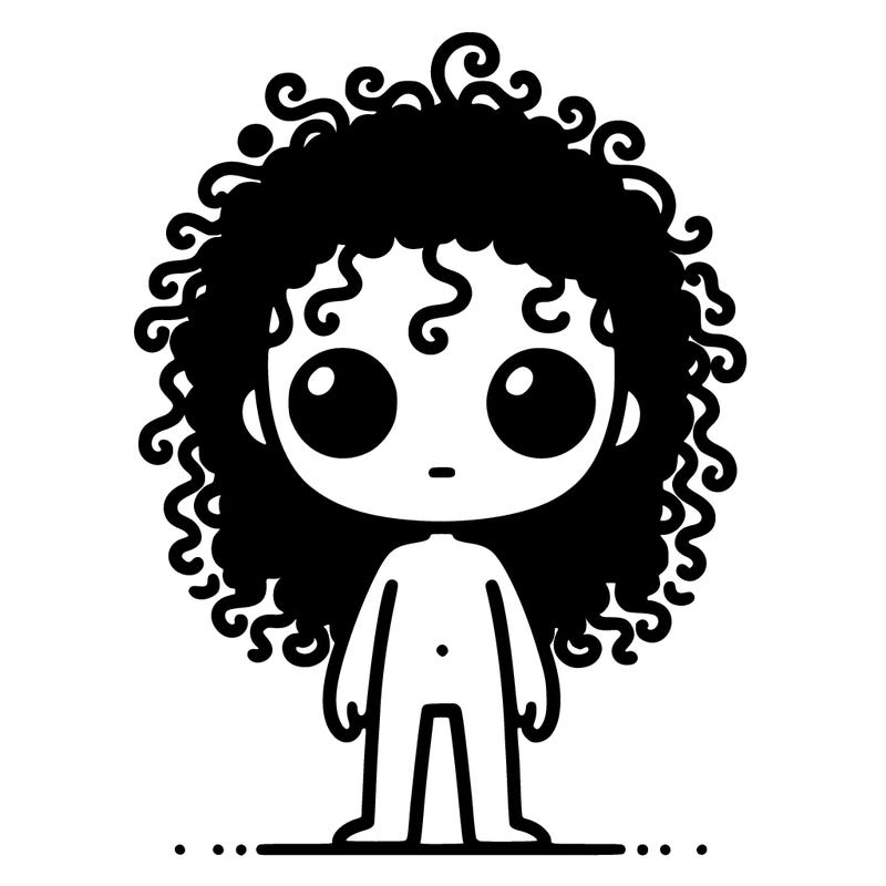 a humanoid with curly black hair and black eyes and skinny