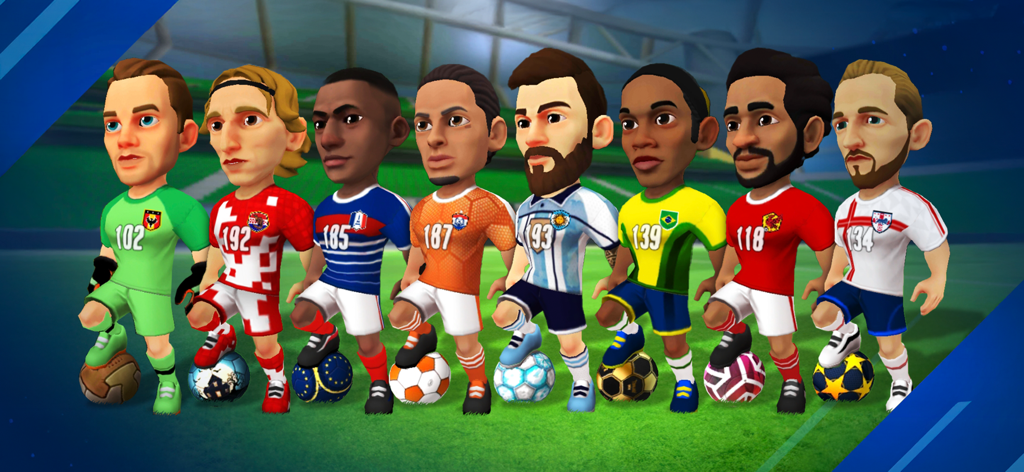 Une ligne de huit joueurs de football miniatures stylisés dans divers maillots d'équipes nationales, les pieds sur des ballons de football.