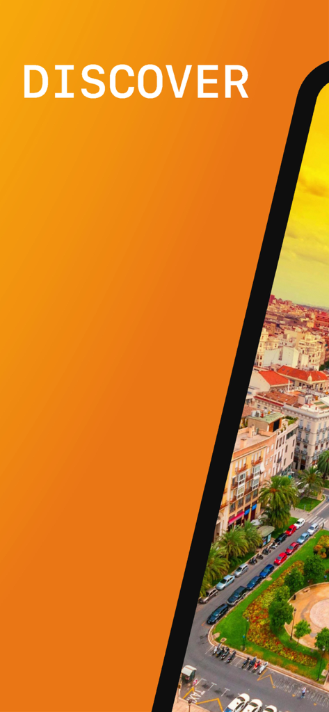 Valencia Travel Guide . - 주황색 배경에 Discover라는 단어가 있는 발렌시아의 항공 사진