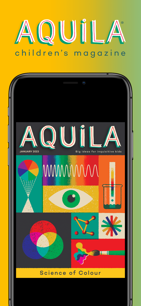 Aquila Children's Magazine Science of Colour issue cover displayed on a smartphone