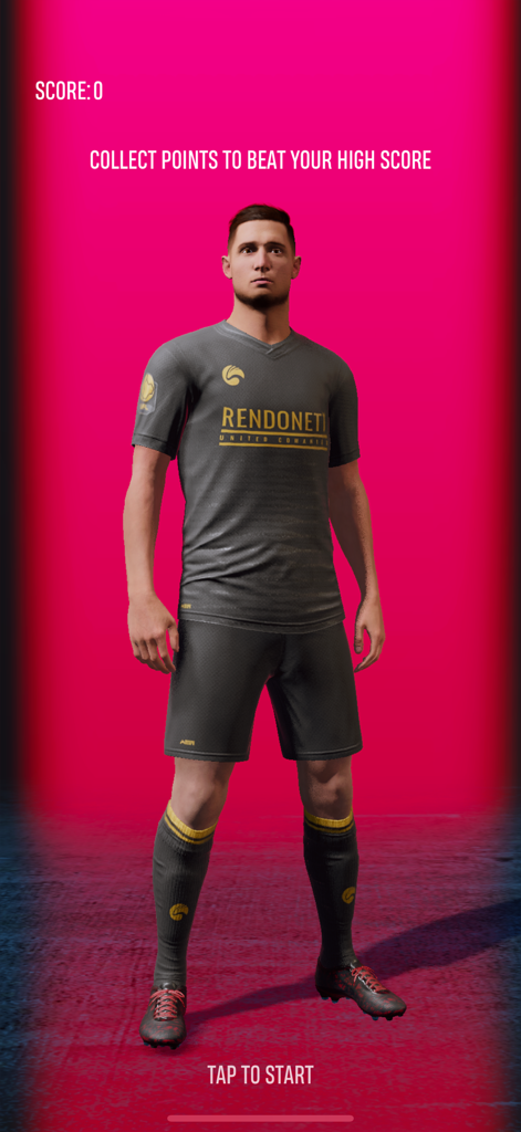 Pantalla de inicio del minijuego de malabares de la aplicación móvil UFL con un personaje de jugador de fútbol sobre un fondo rosa