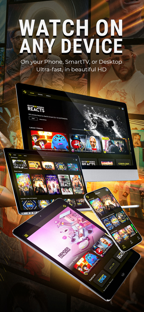 Corridor Digital - Corridor Digital app shown on smartphone, tablet, laptop and desktop monitor for cross-platform viewing.