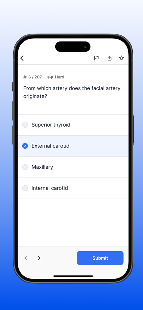 Mobile screen showing a multiple choice practice question for the INBDE dental board exam.