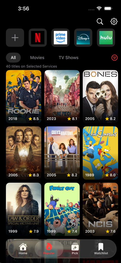 FlixPlay app dashboard showing popular TV shows and movies with streaming platform filters and ratings.