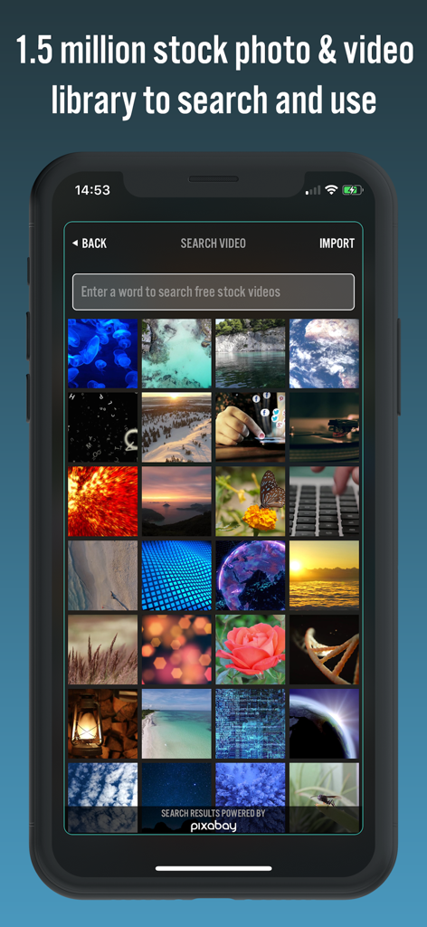 Videorama Text & Video Editor - Videorama app interface displaying a searchable library of 1.5 million stock photos and videos