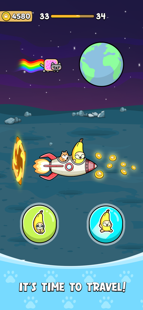 Banana Cat Run: World Travel - Banana Cat and Shiba riding a rocket in space in the Banana Cat Run mobile game