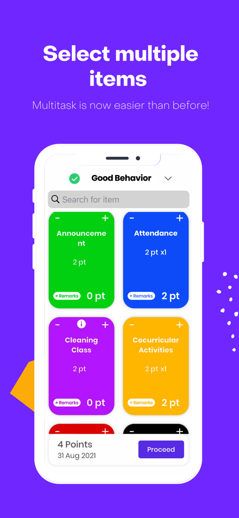 STUDENTQR POINTS for Educator - Interface of the STUDENTQR POINTS for Educator app allowing teachers to select multiple behavior categories to award points