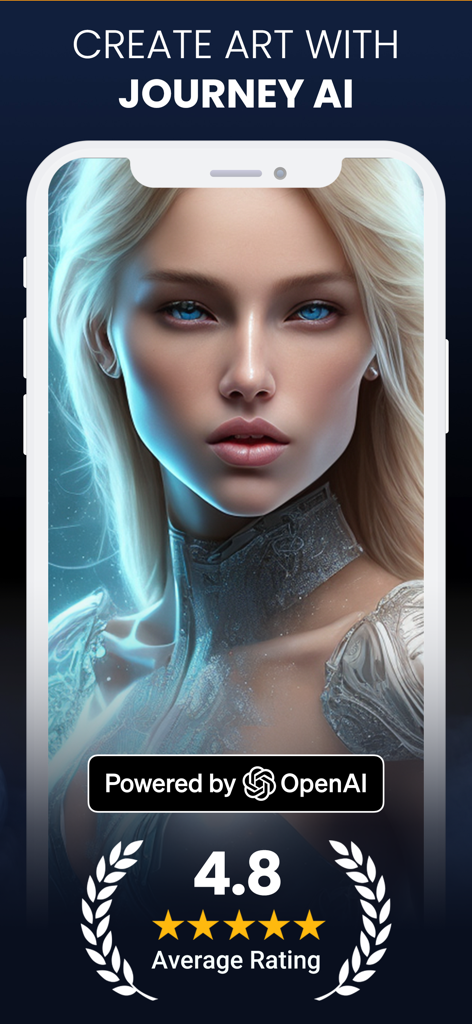 Journey AI ® - AI-generated portrait of a woman on Journey AI app interface showing high user ratings and OpenAI integration