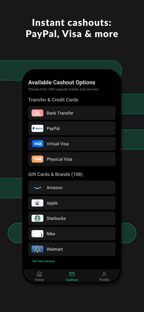 SurveyBank: Earn Cash - SurveyBank app screen showing various cashout options including PayPal, Visa, and popular gift cards.