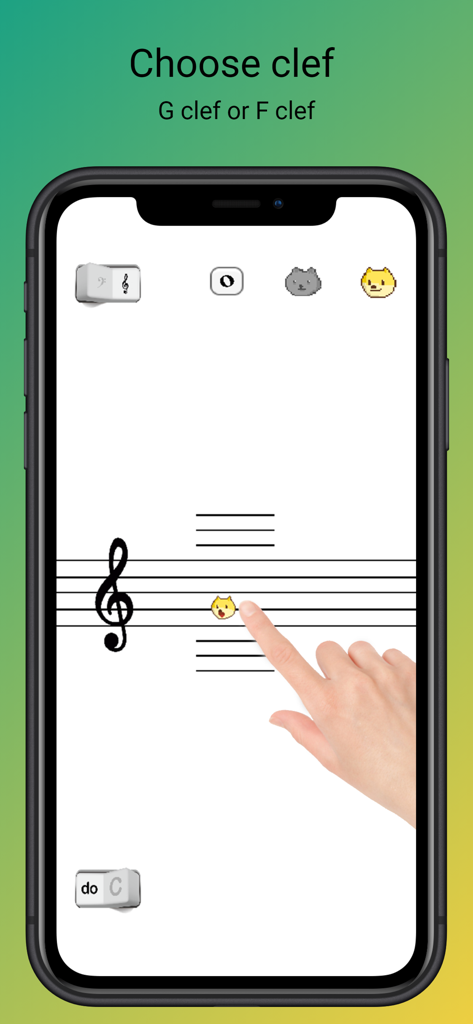 Eine Hand berührt ein Hunde-Symbol auf einem Notensystem in der FurMelody App
