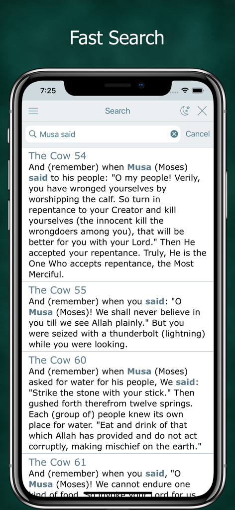 Noble Quran in English & Audio - Noble Quran app fast search interface showing results for the query Musa said on an iPhone screen