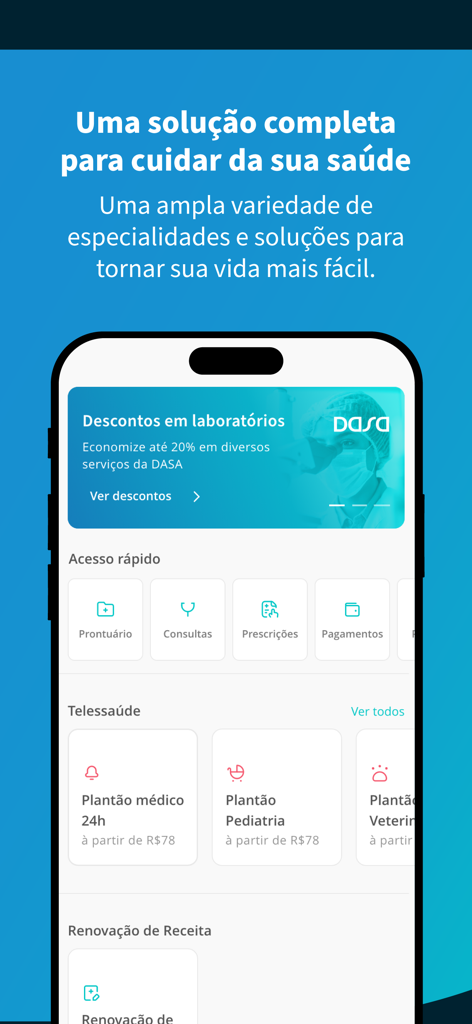 Médico24hs - Teleconsulta - Interfaz de la aplicación Medico24hs mostrando servicios de telesalud, incluyendo asistencia médica las 24 horas y atención pediátrica en portugués