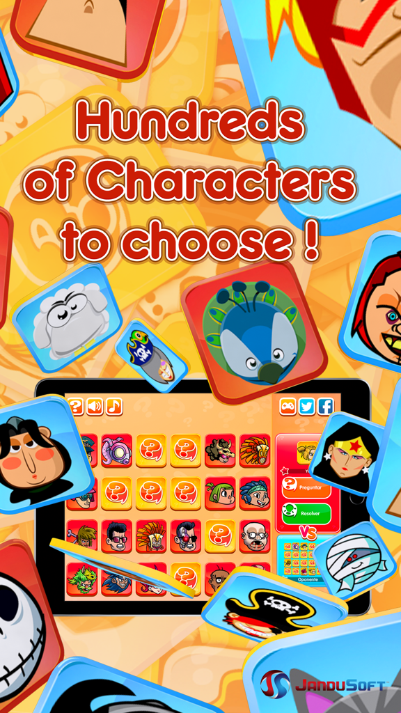 Tela de um iPad exibindo uma grade de diversos personagens de desenhos animados em um jogo de tabuleiro de adivinhação