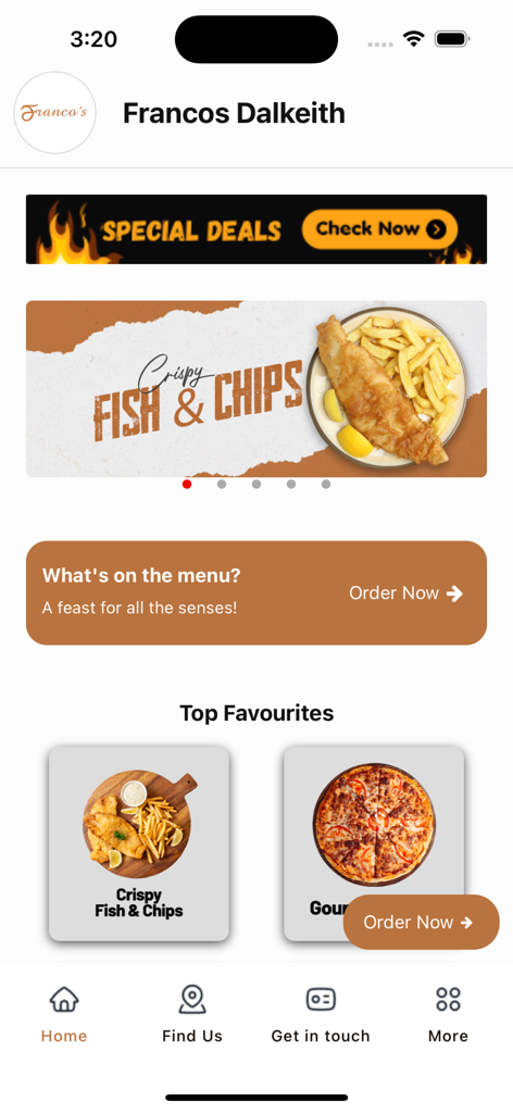 Francos Takeaway - Home screen of Francos Dalkeith app showing fish and chips and pizza menu items