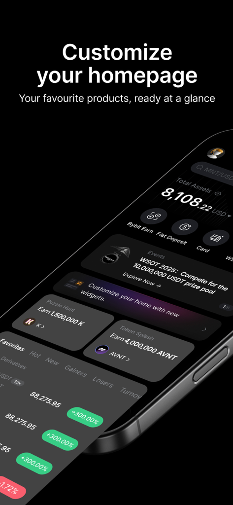 Bybit: Buy Bitcoin & Crypto - Ein Mobiltelefon, das die Bybit-App-Startseite mit anpassbaren Widgets für Krypto-Trading und Portfolioverwaltung anzeigt.