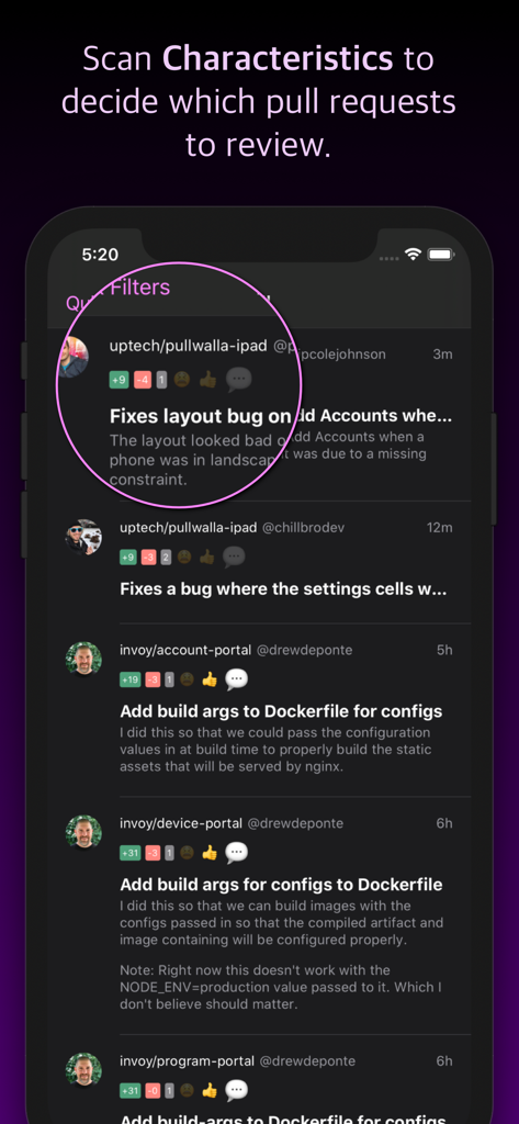 Pullwalla for Bitbucket GitHub - Pullwalla mobile app interface showing a list of pull requests with status icons for quick review