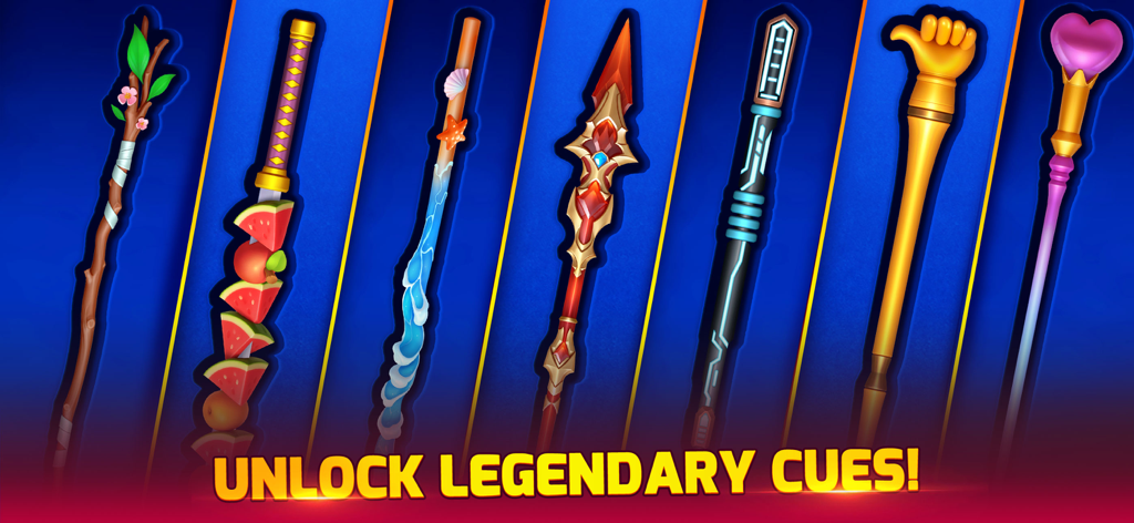 Billiards Party - A collection of colorful and unique legendary pool cues in the Billiards Party game