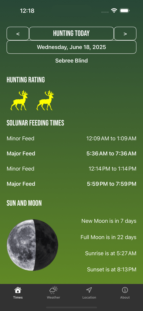 Solunar Best Hunting Times - Solunar Best Hunting Times app interface showing animal feeding schedules and hunting ratings