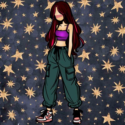 girl in baggy pants crop top and long hair