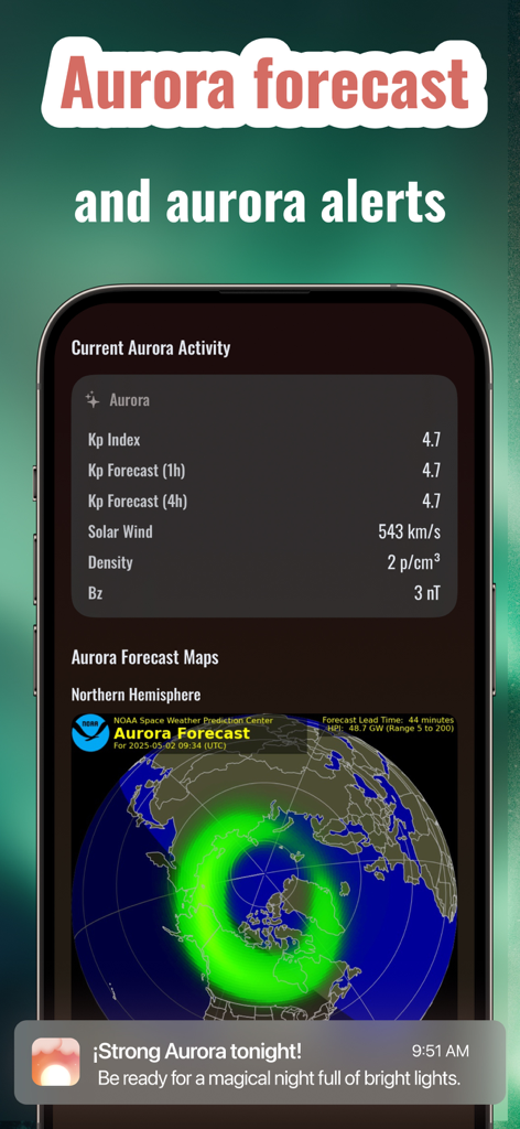 Sunset Prediction AI : Solora - Solora app screen displaying northern lights aurora forecast and solar activity data