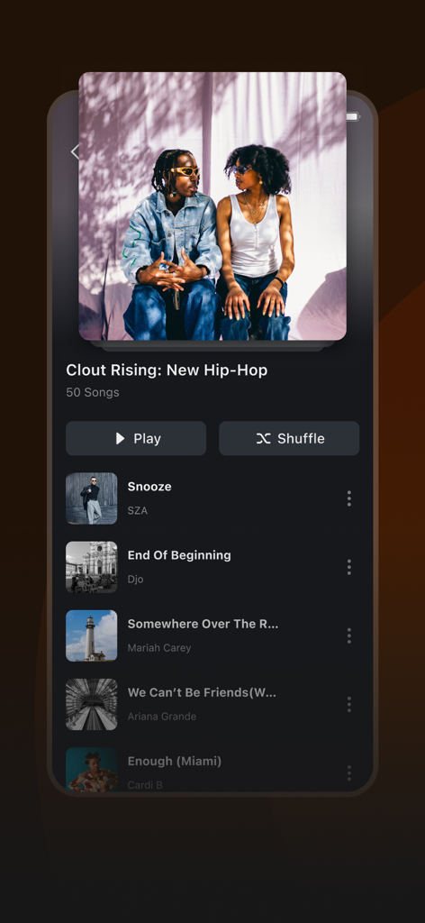Musivibe app screen showing the Clout Rising New Hip-Hop playlist with song list and playback controls