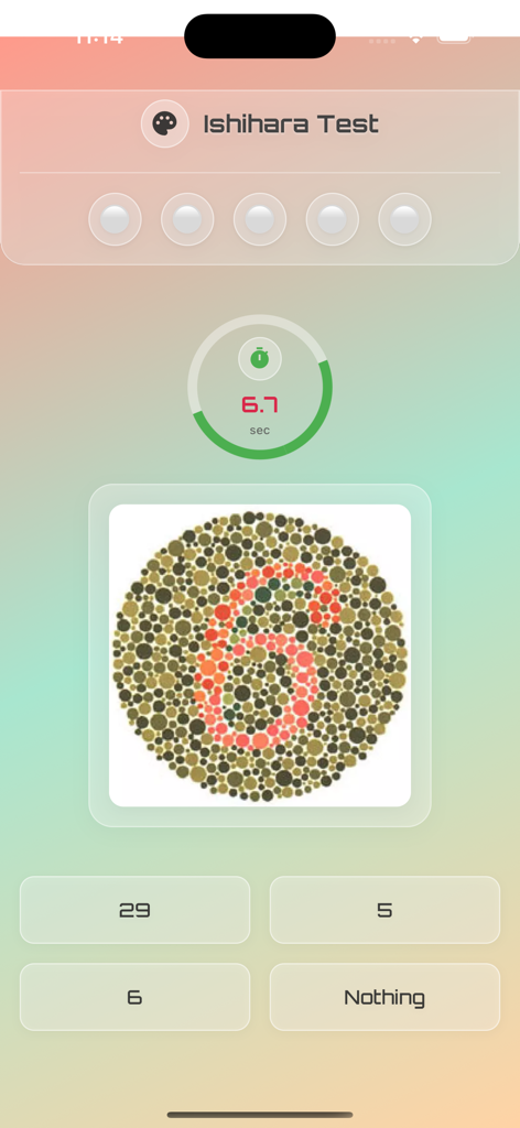 uSagI Eyes Protect - Pantalla de prueba de daltonismo de Ishihara en la aplicación uSagI Eyes Protect mostrando una placa de puntos de colores con el número 6.