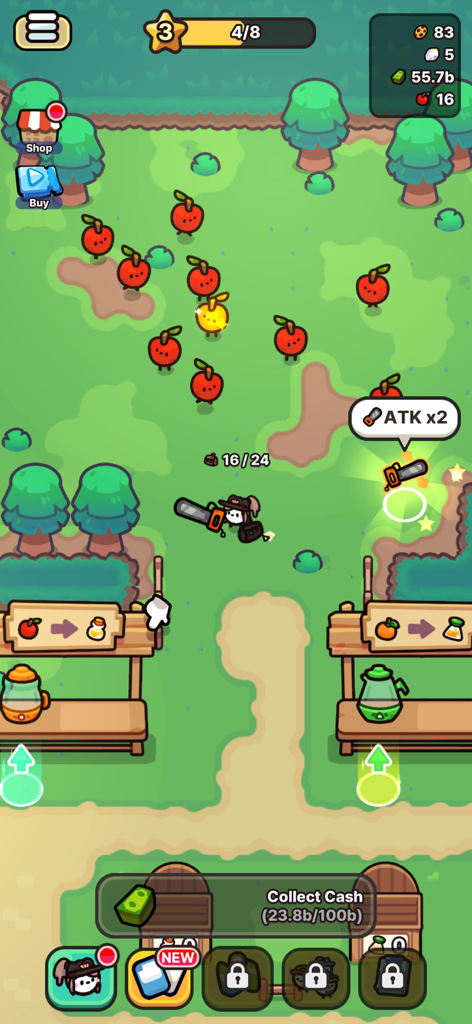 Chainsaw Juice King: Idle Shop - Un personaje con una motosierra cosechando frutas en el juego de tienda inactiva Chainsaw Juice King