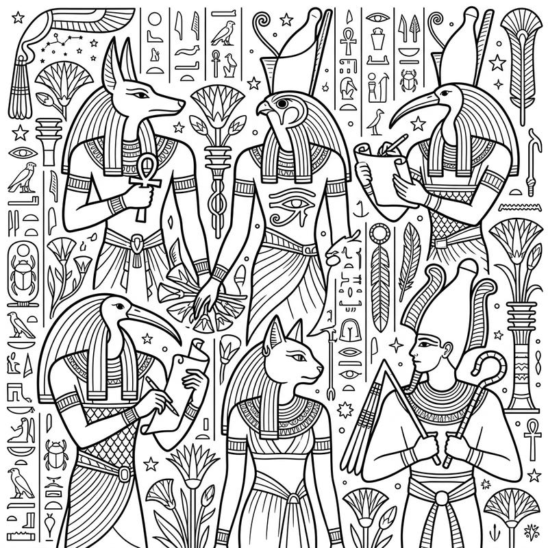 Discover the divine world of ancient Egypt with this captivating coloring page featuring powerful gods and goddesses. Immerse yourself in intricate details and bring mythical beings to life with your vibrant colors.