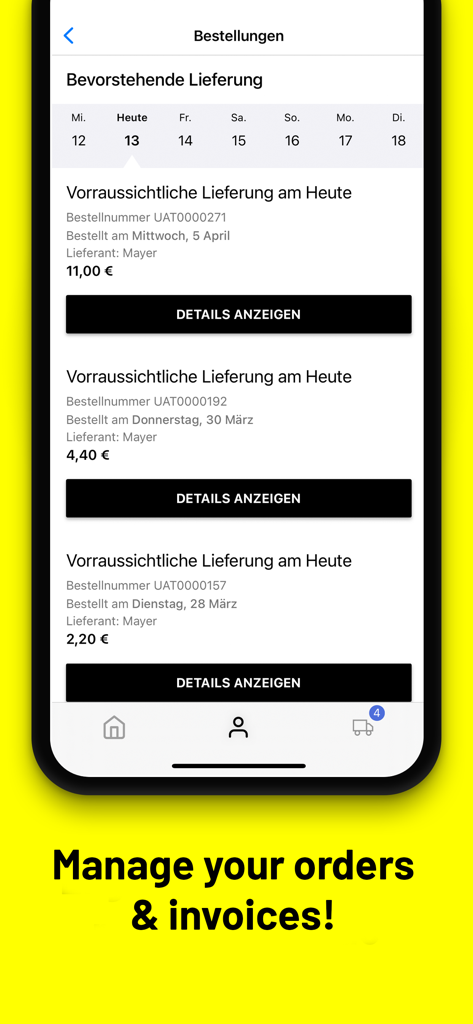 Interface da aplicação BEES Africa mostrando uma lista de encomendas agendadas e detalhes de entrega para proprietários de negócios.