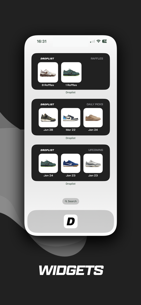 Droplist Mobile App-Widgets, die Sneaker-Raffles, tägliche Auswahlen und bevorstehende Releases auf einem Smartphone-Bildschirm anzeigen.