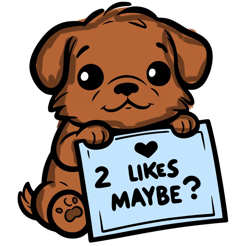 a puppy holding a sign that says 2 likes maybe?