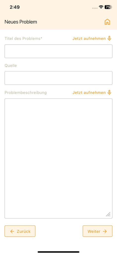 kyro App - Interface mobile do kyro app para relatar um novo problema industrial