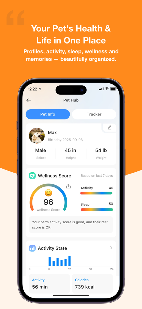 DBDD: Pet Tracker & Assistant - Screenshot of the DBDD Pet Tracker app pet hub showing a dog profile wellness score activity and health metrics