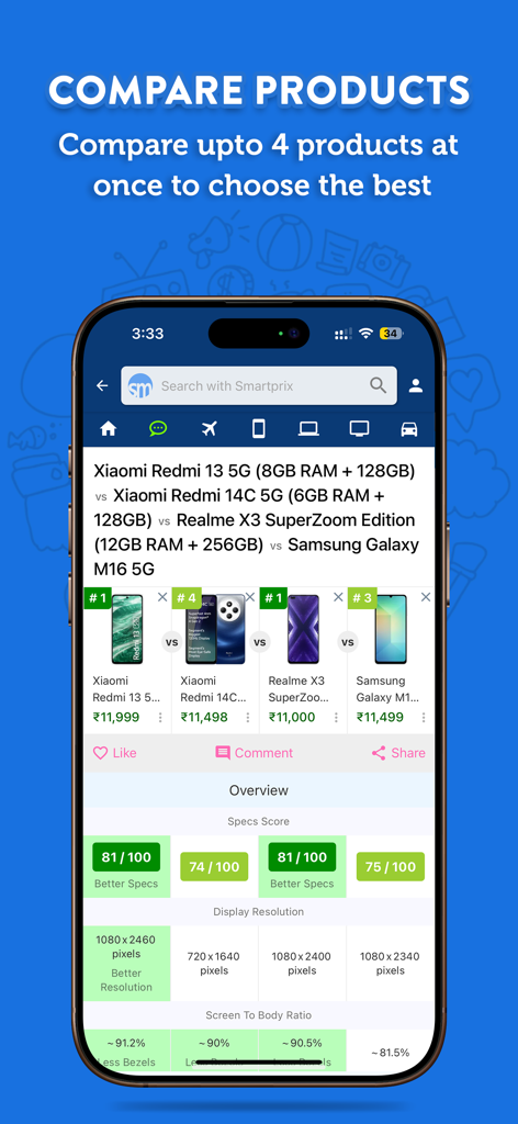 Smartprix mobile app screen comparing specifications and prices of four smartphones.